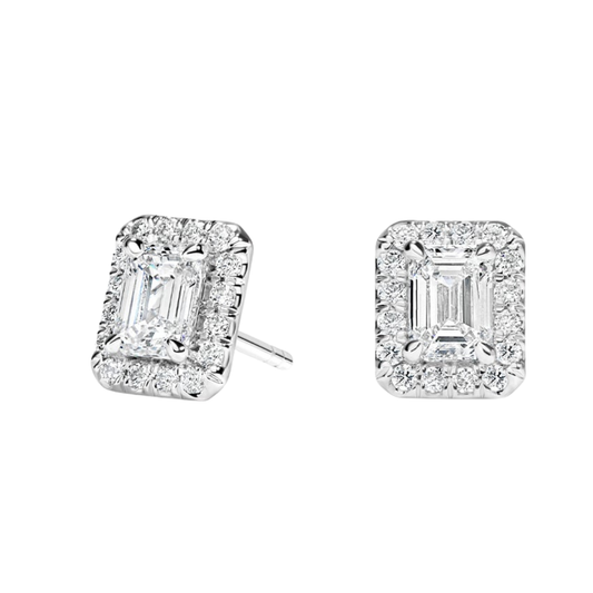 1 To 3 CT Classic Halo Lab Grown Emerald Diamond Stud Earrings in 10K/14K/18K White Gold | Pooja Diamond | IGI Certified Lab Diamond