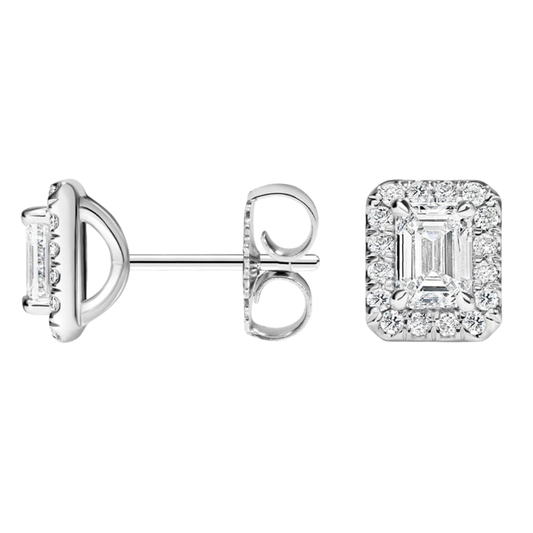 1 To 3 CT Classic Halo Lab Grown Emerald Diamond Stud Earrings in 10K/14K/18K White Gold | Pooja Diamond | IGI Certified Lab Diamond