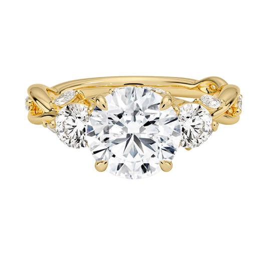 1 To 5 Ct Secret Garden Round Cut Lab Grown Diamond Three Stone Ring with Round & Marquise Leaf Accents in 10K/14K/18K Gold | Pooja Diamond | IGI Certified Lab Diamond