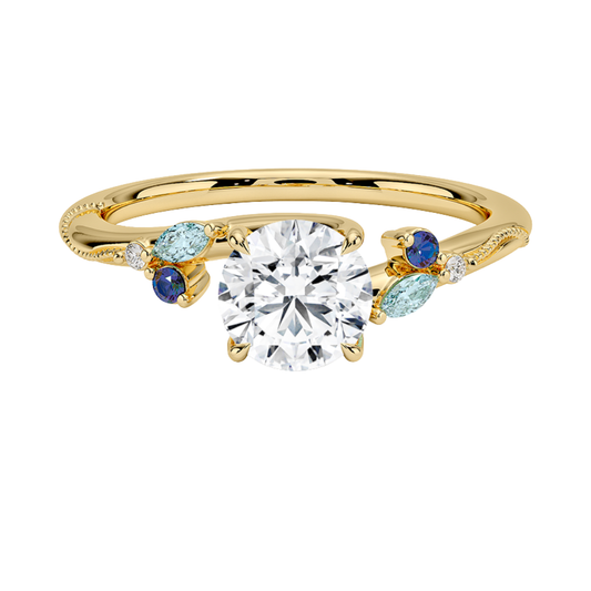 1 TO 5 CT Camellia Round Cut Lab Grown Diamond Ring with Indigo Accents & Milgrain in Gold | Pooja Diamond | IGI Certified Lab Diamond