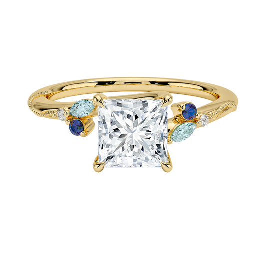 1 TO 5 CT Camellia Princess Cut Lab Grown Diamond Ring with Indigo Accents & Milgrain in Gold | Pooja Diamond | IGI Certified Lab Diamond