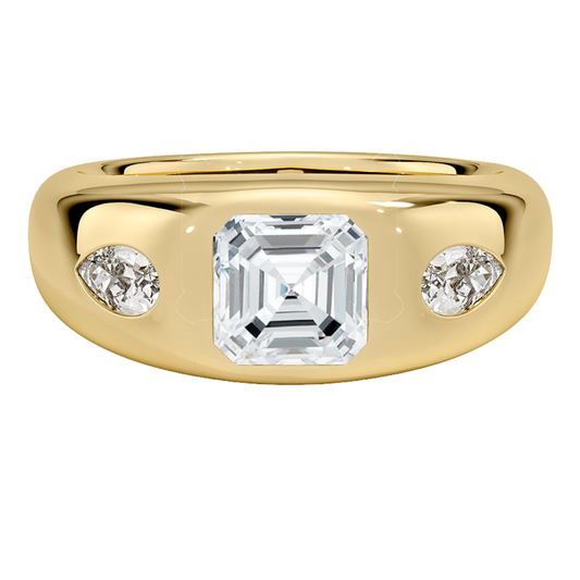 1 TO 5 CT Sloane Flush Set Three Stone Lab Grown Diamond Dome Ring with Asscher & Pear Side Stones in 10K/14K/18K Gold | Pooja Diamond | IGI Certified Lab Diamond