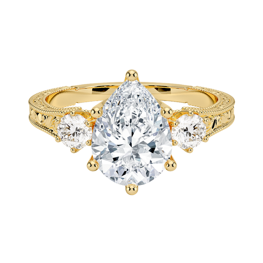 1 To 5 Ct Hudson Pear Cut Three Stone Lab Grown Diamond Ring with Engraved Band in 10K / 14K / 18K Gold | Pooja Diamond | IGI Certified Lab Diamond