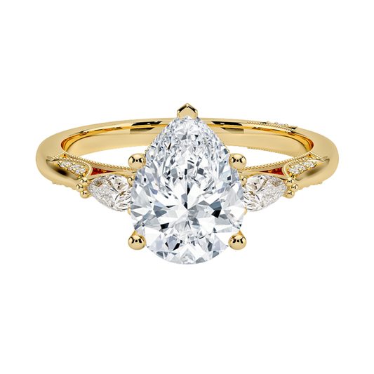 1 To 5 Ct Vintage Inspired Pear Cut Lab Grown Diamond Three Stone Ring with Pavé Gallery in 10K/14K/18K Gold | Pooja Diamond | IGI Certified Lab Diamond