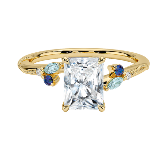 1 TO 5 CT Camellia Radiant Cut Lab Grown Diamond Ring with Indigo Accents & Milgrain in Gold | Pooja Diamond | IGI Certified Lab Diamond