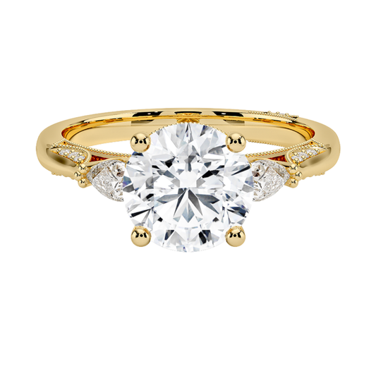 1 To 5 Ct Vintage Inspired Round Cut Lab Grown Diamond Three Stone Ring with Pavé Gallery in 10K/14K/18K Gold | Pooja Diamond | IGI Certified Lab Diamond