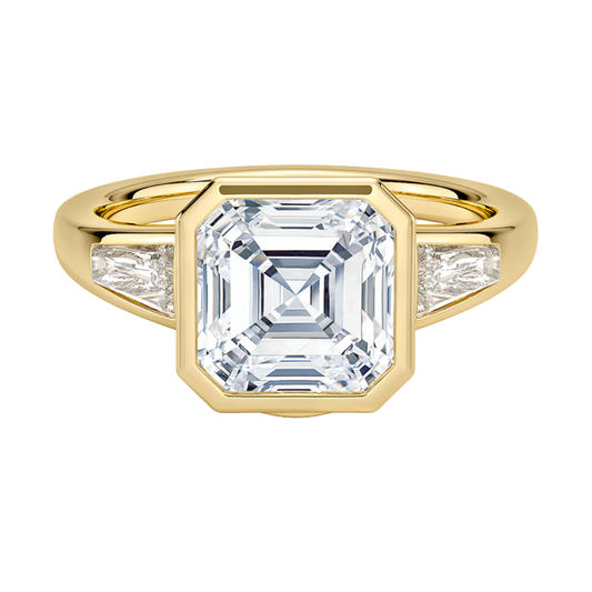 1 TO 5 CT Hayes Asscher Cut Lab Grown Diamond Three Stone Ring with Baguette Side Diamonds in 10K / 14K / 18K Gold | Pooja Diamond | IGI Certified Lab Diamond