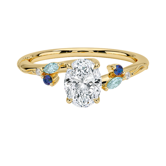 1 TO 5 CT Camellia Oval Cut Lab Grown Diamond Ring with Indigo Accents & Milgrain in Gold | Pooja Diamond | IGI Certified Lab Diamond