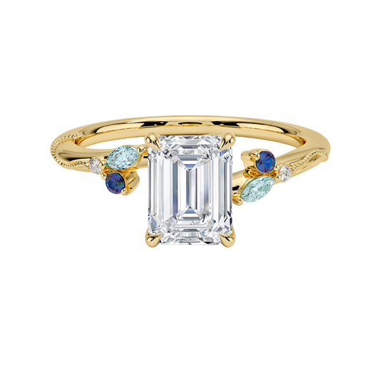 1 TO 5 CT Camellia Emerald Cut Lab Grown Diamond Ring with Indigo Accents & Milgrain in Gold | Pooja Diamond | IGI Certified Lab Diamond