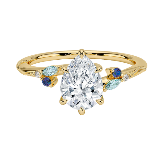 1 TO 5 CT Camellia Pear Cut Lab Grown Diamond Ring with Indigo Accents & Milgrain in Gold | Pooja Diamond | IGI Certified Lab Diamond