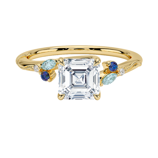 1 TO 5 CT Camellia Asscher Cut Lab Grown Diamond Ring with Indigo Accents & Milgrain in Gold | Pooja Diamond | IGI Certified Lab Diamond