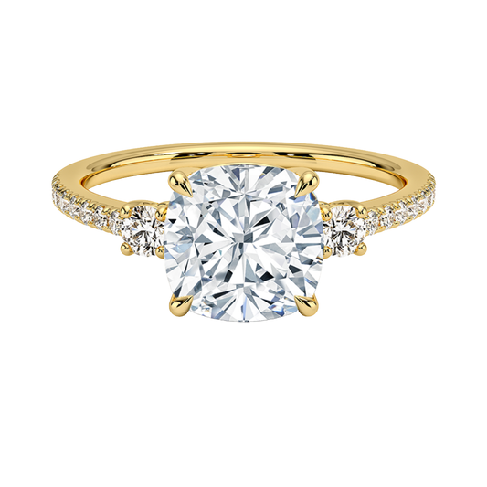 1 To 5 Ct Lyra Three Stone Cushion Cut Lab Grown Diamond Engagement Ring in 10K/14K/18K Gold | Pooja Diamond | IGI Certified Lab Diamond
