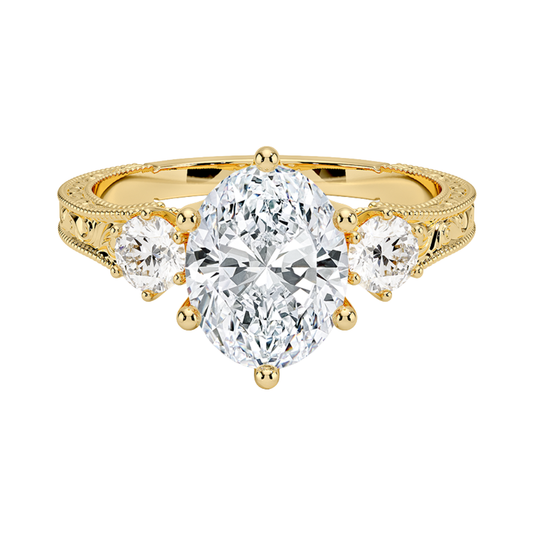 1 To 5 Ct Hudson Oval Cut Three Stone Lab Grown Diamond Ring with Engraved Band in 10K / 14K / 18K Gold | Pooja Diamond | IGI Certified Lab Diamond