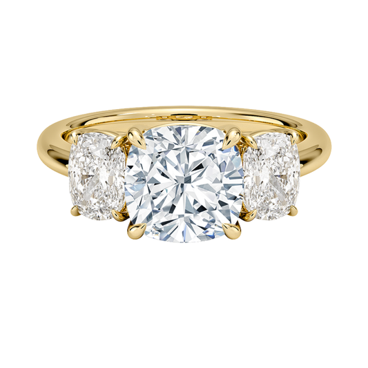 1 TO 5 Ct Luxe Faye Cushion Cut Lab Grown Diamond Three Stone Ring with Oval Side Diamonds in 10K / 14K / 18K Gold | Pooja Diamond | IGI Certified Lab Diamond