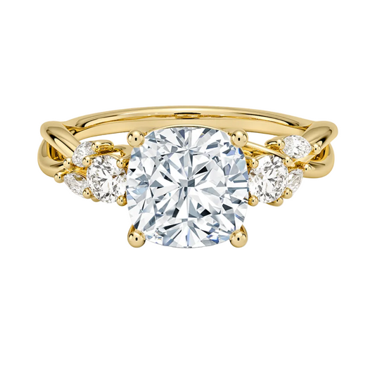 1 To 5 Ct Nature-Inspired Willow Cushion Cut Lab Diamond Three Stone Engagement Ring in 10K/14K/18K Gold| Pooja Diamond | IGI Certified Lab Diamond