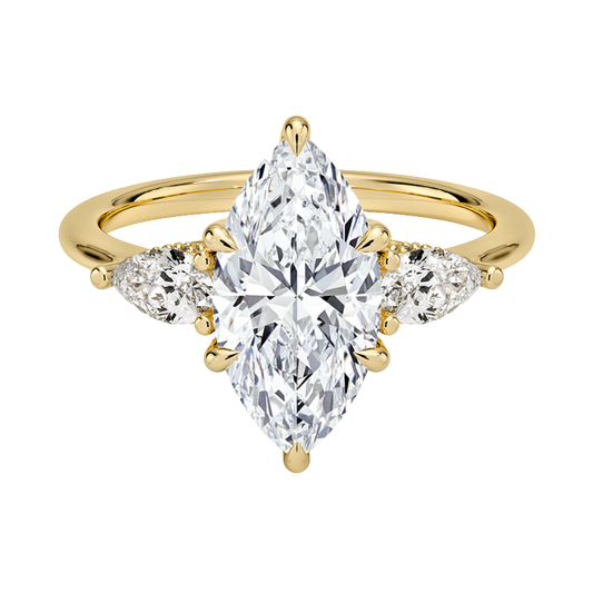 1 TO 5 Ct Adorned Opera Three Stone Marquise Lab Grown Diamond Ring with Side Accent Diamonds – 10K/14K/18K Gold | Pooja Diamond | IGI Certified Lab Diamond
