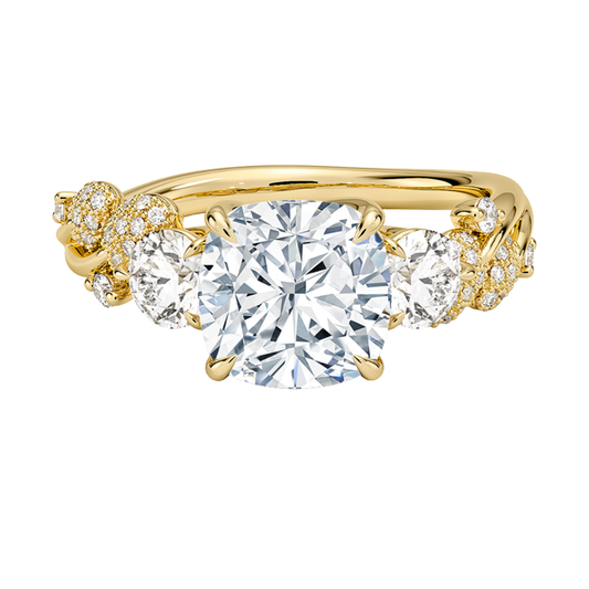 1 To 5 CT Canopy Three Stone Lab-Grown Diamond Ring in 10K/14K/18K Gold – Cushion Cut Center with Nature-Inspired Round Diamond Accents | Pooja Diamond | IGI Certified Lab Diamond