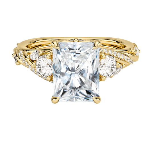 1 To 5 CT Begonia Vine Three Stone Lab-Grown Diamond Ring in 10K/14K/18K Gold – Radiant Cut Center with Marquise & Round Side Diamonds | Pooja Diamond | IGI Certified Lab Diamond