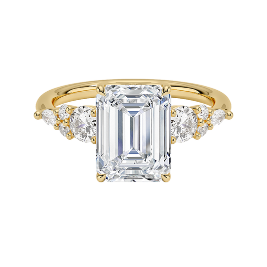 1 TO 5 Ct Nadia Emerald Cut Lab Grown Diamond Three Stone Ring with Round&Marquise Accents in 10K/14K/18K Gold | Pooja Diamond | IGI Certified Lab Diamond