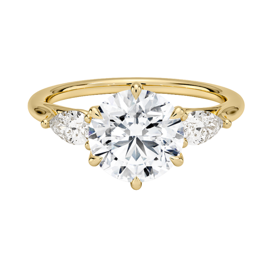 1 To 5 CT Luxe Delilah Round Cut Lab Grown Diamond Three Stone Ring with Pear Side Diamonds in 10K / 14K / 18K Gold | Pooja Diamond | IGI Certified Lab Diamond