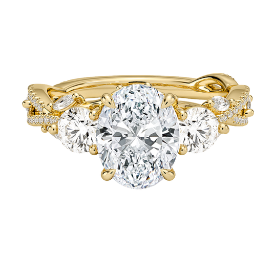 1 To 5 Ct Luxe Secret Garden Three Stone Lab Grown Oval Diamond Ring with Round & Marquise Accents in 10K/14K/18K Gold | Pooja Diamond | IGI Certified Lab Diamond