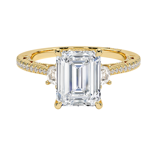 1 TO 5 Ct Lunetta Crescent Pavé Three Stone Emerald Cut Lab Grown Diamond Ring in 10K/14K/18K Gold | Pooja Diamond | IGI Certified Lab Diamond