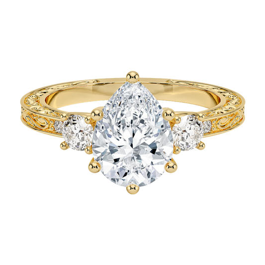 1 TO 5 CT Antique Scroll Engraved Pear Cut Three Stone Lab Grown Diamond Ring in 10K/14K/18K Gold | Pooja Diamond | IGI Certified Lab Diamond