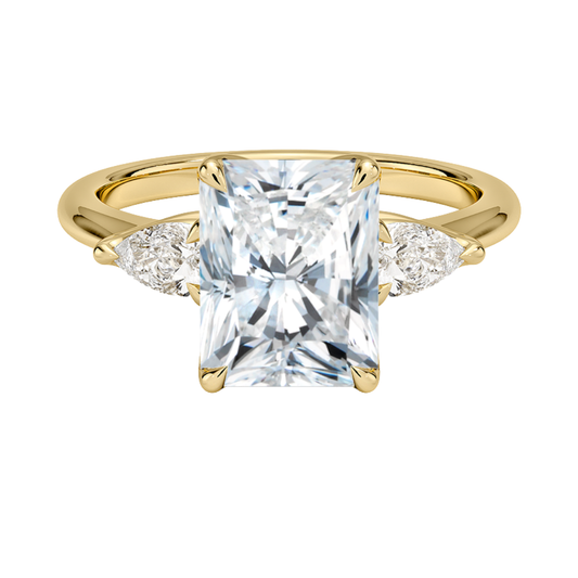1 To 5 Ct Fleur Radiant Cut Lab Grown Diamond Three Stone Engagement Ring with Pear Side Stones in 10K / 14K / 18K Gold | Pooja Diamond | IGI Certified Lab Diamond