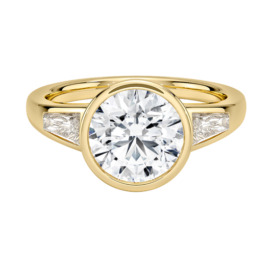 1 TO 5 CT Hayes Round Cut Lab Grown Diamond Three Stone Ring with Baguette Side Diamonds in 10K / 14K / 18K Gold | Pooja Diamond | IGI Certified Lab Diamond