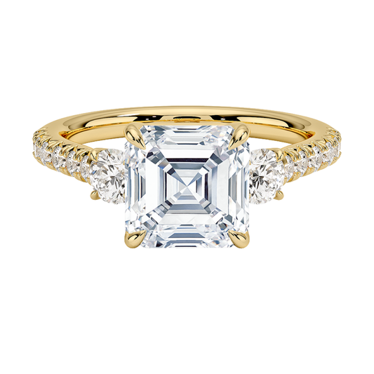 1 To 5 Ct Amelie Asscher Cut Three Stone Lab Grown Diamond Ring with Pave Band in 10K/14K/18K Gold | Pooja Diamond | IGI Certified Lab Diamond
