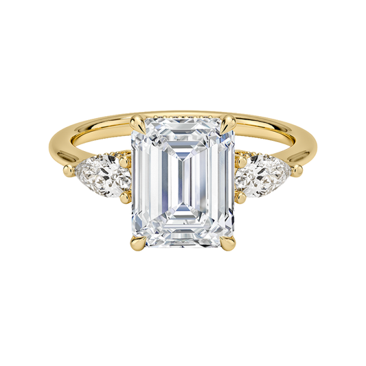 1 TO 5 Ct Adorned Opera Three Stone Emerald Lab Grown Diamond Ring with Side Accent Diamonds – 10K/14K/18K Gold | Pooja Diamond | IGI Certified Lab Diamond