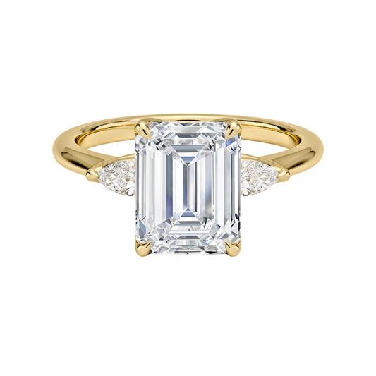 1 To 5 Ct Petite Fleur Emerald Cut Three Stone Lab-Grown Diamond Ring with Pear Side Accents in 10K/14K/18K Gold | Pooja Diamond | IGI Certified Lab Diamond