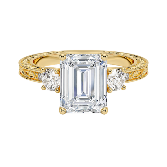 1 TO 5 CT Antique Scroll Engraved Emerald Cut Three Stone Lab Grown Diamond Ring in 10K/14K/18K Gold | Pooja Diamond | IGI Certified Lab Diamond