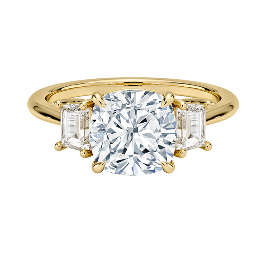 1 TO 5 CT Embrace Cushion Cut Lab Grown Diamond Three Stone Trapezoid Engagement Ring in 10K / 14K / 18K Gold | Pooja Diamond | IGI Certified Lab Diamond
