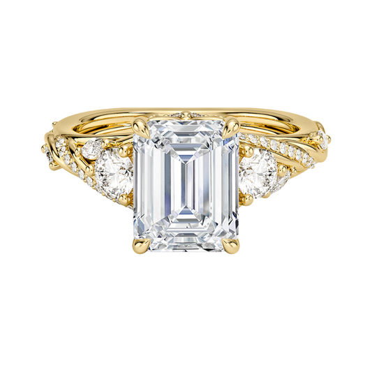 1 To 5 CT Begonia Vine Three Stone Lab-Grown Diamond Ring in 10K/14K/18K Gold – Emerald Cut Center with Marquise & Round Side Diamonds | Pooja Diamond | IGI Certified Lab Diamond
