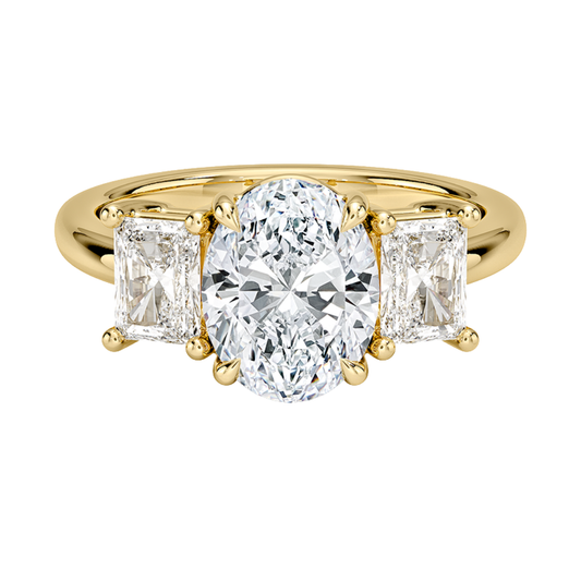 1 TO 5 CT Luxe Helena Oval Cut Lab Grown Diamond Three Stone Ring with Radiant Side Diamonds in 10K / 14K / 18K Gold | Pooja Diamond | IGI Certified Lab Diamond