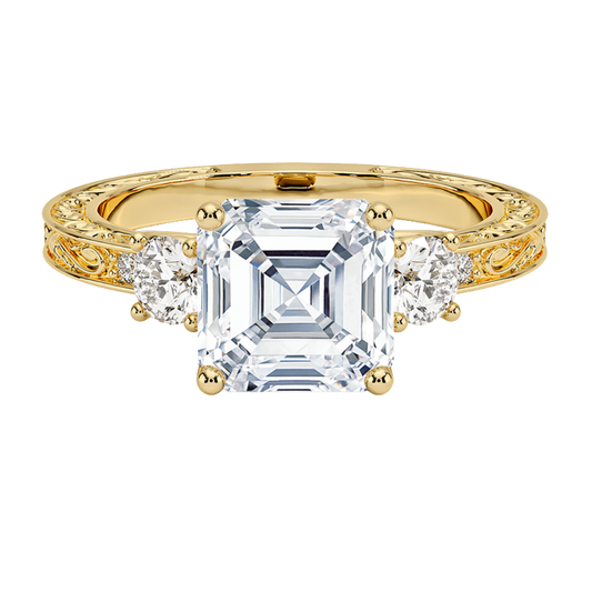 1 TO 5 CT Antique Scroll Engraved Asscher Cut Three Stone Lab Grown Diamond Ring in 10K/14K/18K Gold | Pooja Diamond | IGI Certified Lab Diamond