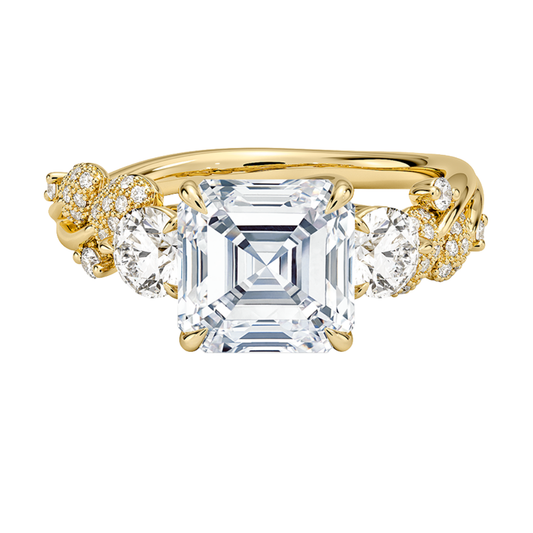 1 To 5 CT Canopy Three Stone Lab-Grown Diamond Ring in 10K/14K/18K Gold – Asscher Cut Center with Nature-Inspired Round Diamond Accents | Pooja Diamond | IGI Certified Lab Diamond