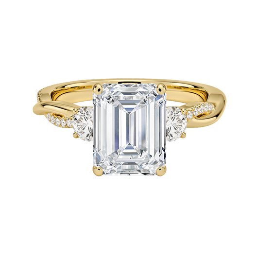 1 To 5 Ct Petite Twisted Vine Three Stone Emerald Cut Lab Grown Diamond Ring in 10K/14K/18K Gold | Pooja Diamond | IGI Certified Lab Diamond