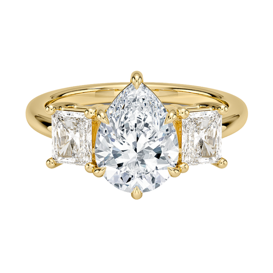1 TO 5 CT Luxe Helena Pear Cut Lab Grown Diamond Three Stone Ring with Radiant Side Diamonds in 10K / 14K / 18K Gold | Pooja Diamond | IGI Certified Lab Diamond