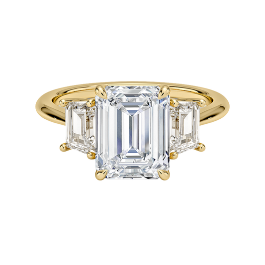 1 To 5 Ct Luxe Embrace Emerald Cut Lab Grown Diamond Three Stone Ring with Trapezoid Side Diamonds in 10K / 14K / 18K Gold | Pooja Diamond | IGI Certified Lab Diamond