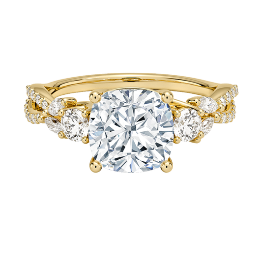 1 To 5 Ct Luxe Willow Three Stone Lab Grown Cushion Diamond Ring with Round&Marquise Accents in 10K/14K/18K Gold | Pooja Diamond | IGI Certified Lab Diamond