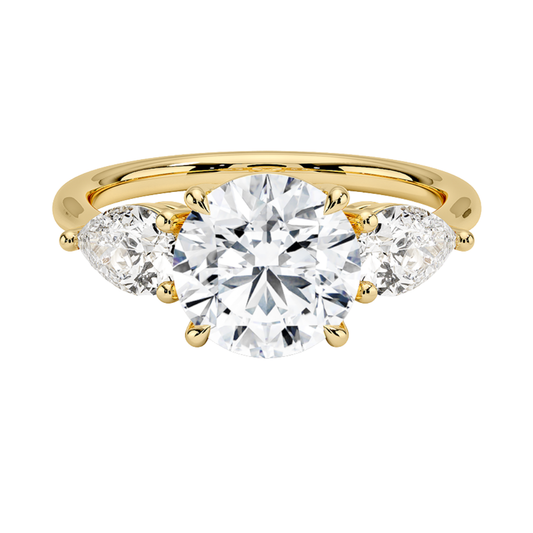 1 TO 5 Ct Luxe Opera Round Cut Lab Grown Diamond Three Stone Ring with Pear Side Diamonds in 10K / 14K / 18K Gold | Pooja Diamond | IGI Certified Lab Diamond