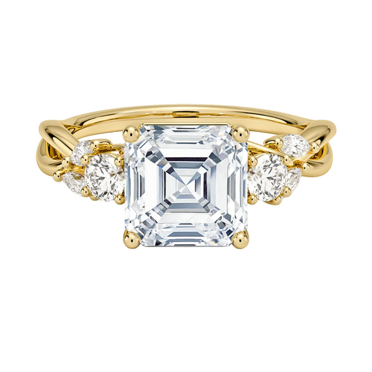 1 To 5 Ct Nature-Inspired Willow Asscher Cut Lab Diamond Three Stone Engagement Ring in 10K/14K/18K Gold| Pooja Diamond | IGI Certified Lab Diamond