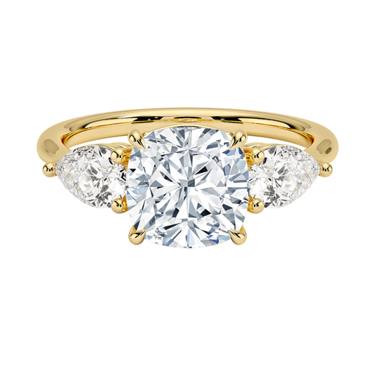 1 TO 5 Ct Luxe Opera Cushion Cut Lab Grown Diamond Three Stone Ring with Pear Side Diamonds in 10K / 14K / 18K Gold | Pooja Diamond | IGI Certified Lab Diamond