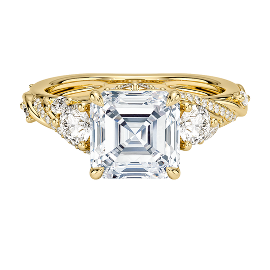 1 To 5 CT Begonia Vine Three Stone Lab-Grown Diamond Ring in 10K/14K/18K Gold – Asscher Cut Center with Marquise & Round Side Diamonds | Pooja Diamond | IGI Certified Lab Diamond