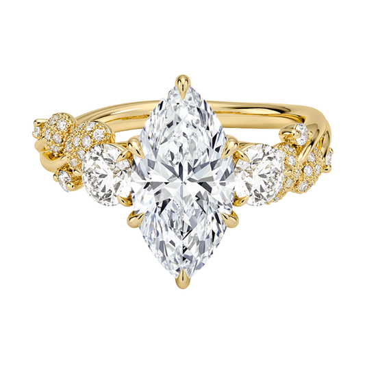1 To 5 CT Canopy Three Stone Lab-Grown Diamond Ring in 10K/14K/18K Gold – Marquise Cut Center with Nature-Inspired Round Diamond Accents | Pooja Diamond | IGI Certified Lab Diamond