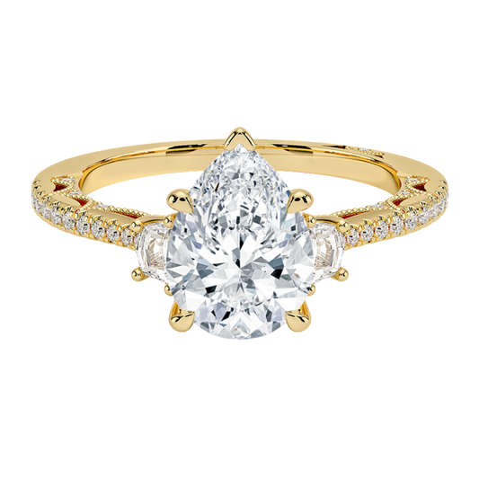 1 TO 5 Ct Lunetta Crescent Pavé Three Stone Pear Cut Lab Grown Diamond Ring in 10K/14K/18K Gold | Pooja Diamond | IGI Certified Lab Diamond