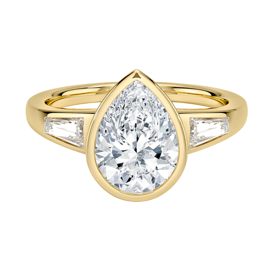 1 TO 5 CT Hayes Pear Cut Lab Grown Diamond Three Stone Ring with Baguette Side Diamonds in 10K / 14K / 18K Gold | Pooja Diamond | IGI Certified Lab Diamond