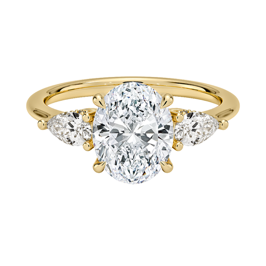 1 TO 5 Ct Adorned Opera Three Stone Oval Lab Grown Diamond Ring with Side Accent Diamonds – 10K/14K/18K Gold | Pooja Diamond | IGI Certified Lab Diamond